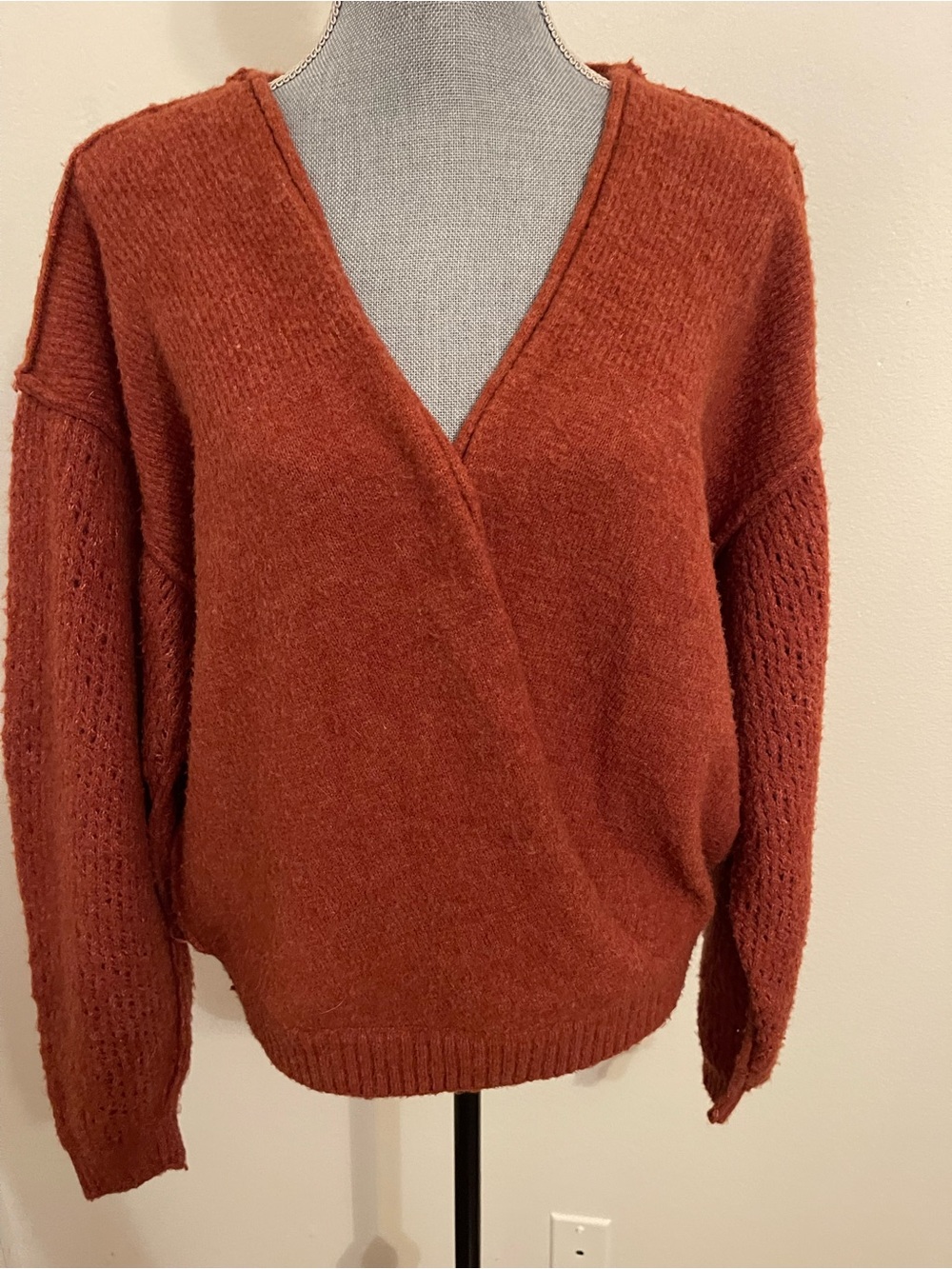 Free People Burnt Orange V-Neck Wrap Sweater. Size Large
